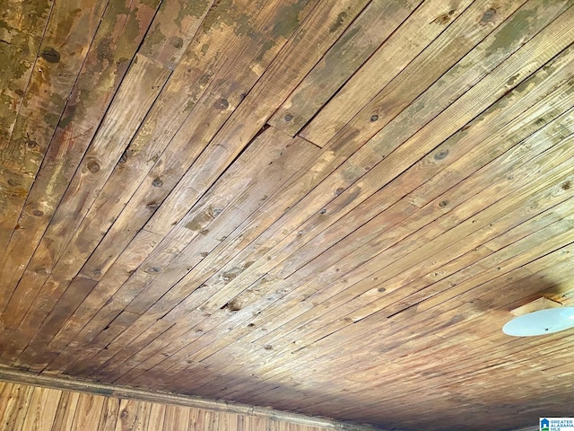 room details featuring wood ceiling and wooden walls