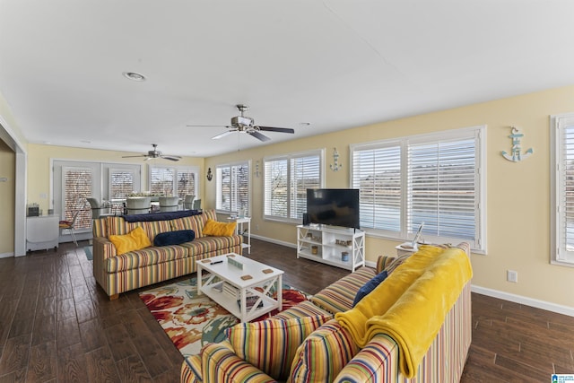 living room with dark hardwood / wood-style floors