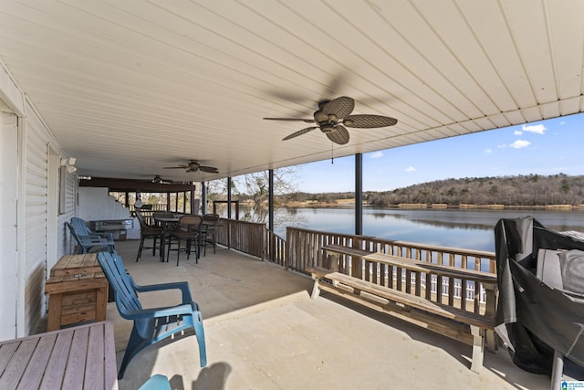 view of patio featuring a water view and ceiling fan