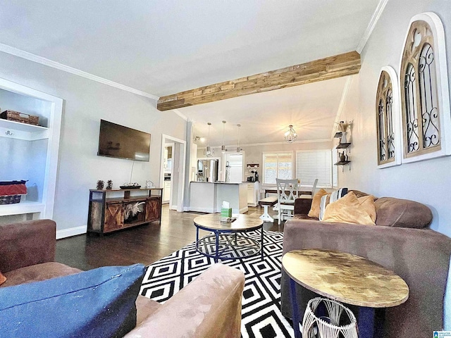 living room with ornamental molding, beam ceiling, and dark hardwood / wood-style flooring