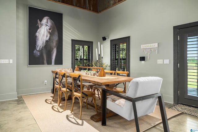 dining space featuring a wealth of natural light and a high ceiling