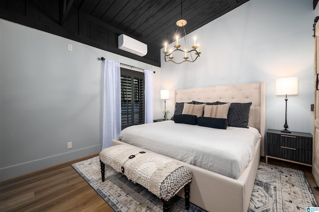 bedroom featuring vaulted ceiling, hardwood / wood-style floors, a wall mounted AC, wooden ceiling, and an inviting chandelier