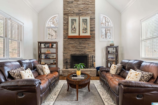 living room featuring ornamental molding, high vaulted ceiling, and a fireplace