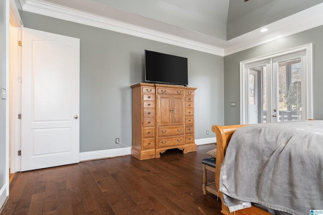 bedroom featuring crown molding, dark wood-type flooring, and access to outside