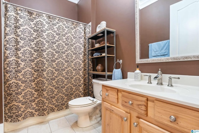 bathroom featuring tile patterned floors, toilet, curtained shower, and vanity