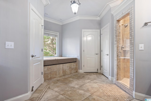 bathroom featuring an enclosed shower and crown molding