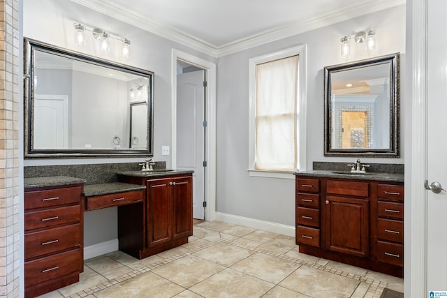 bathroom with ornamental molding, tile patterned flooring, and vanity