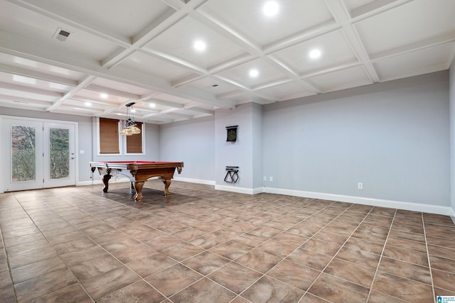 recreation room featuring beamed ceiling, billiards, and coffered ceiling