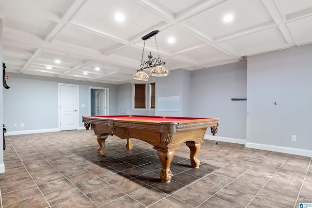 game room with pool table, coffered ceiling, and beam ceiling