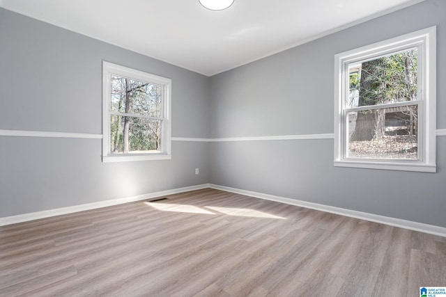 empty room with a wealth of natural light and light hardwood / wood-style flooring