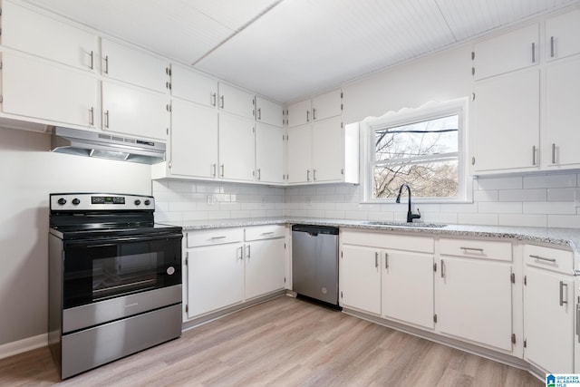 kitchen featuring tasteful backsplash, sink, white cabinets, stainless steel appliances, and light wood-type flooring