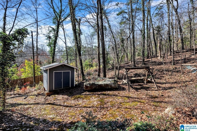 view of yard featuring a storage shed