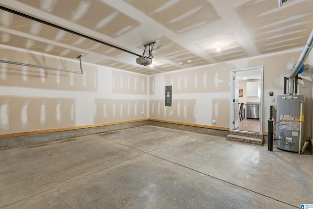 garage featuring water heater, a garage door opener, and electric panel