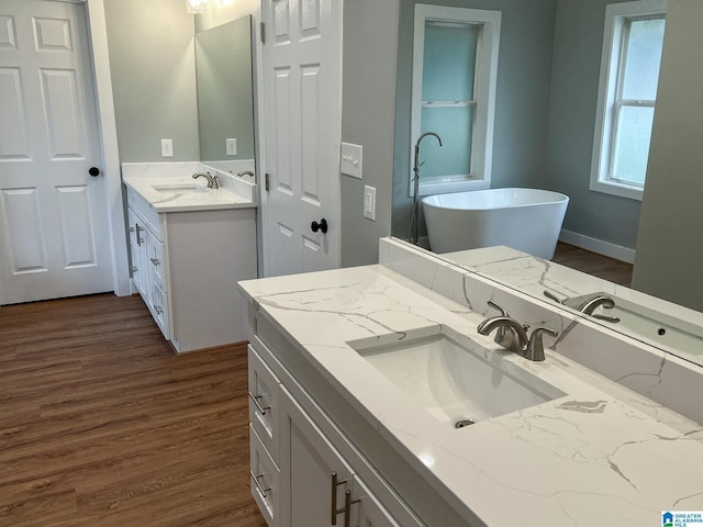 bathroom with vanity, a bathing tub, and hardwood / wood-style floors