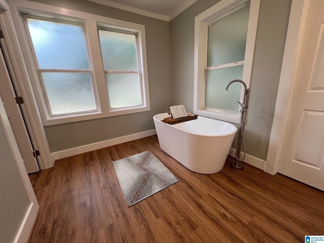 bathroom with hardwood / wood-style flooring and a tub to relax in