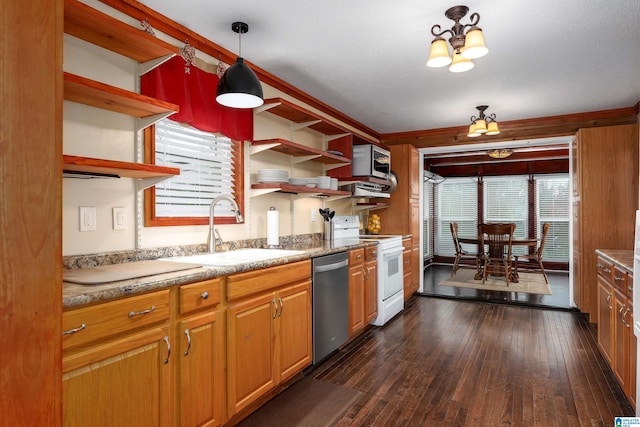 kitchen with sink, hanging light fixtures, electric range, dark hardwood / wood-style flooring, and stainless steel dishwasher