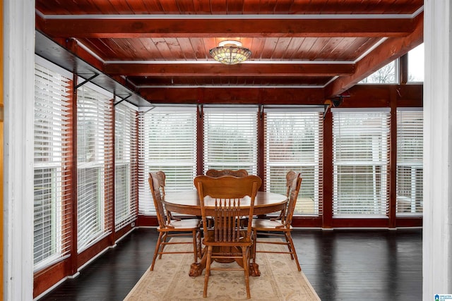 dining space with beamed ceiling, dark wood-type flooring, and wooden ceiling