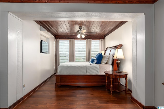 bedroom with wood ceiling, ceiling fan, and dark hardwood / wood-style flooring