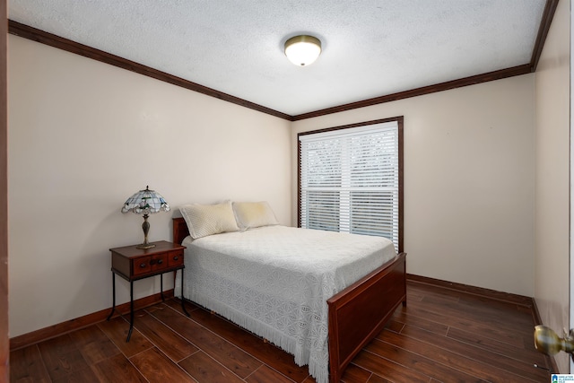 bedroom featuring crown molding, dark hardwood / wood-style floors, and a textured ceiling