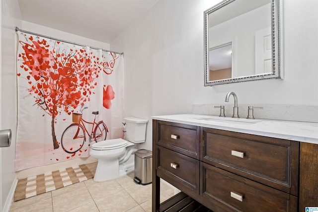 bathroom with toilet, a shower with shower curtain, tile patterned flooring, and vanity