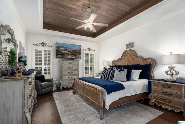 bedroom featuring ceiling fan, a raised ceiling, crown molding, dark wood-type flooring, and wooden ceiling