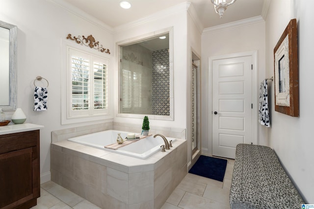 bathroom featuring tile patterned flooring, vanity, crown molding, and plus walk in shower