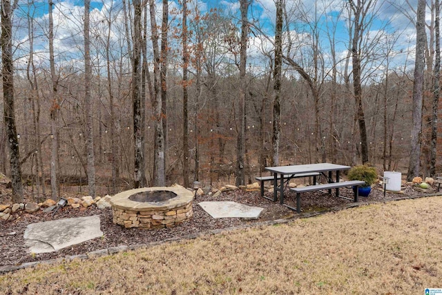 view of yard with a fire pit