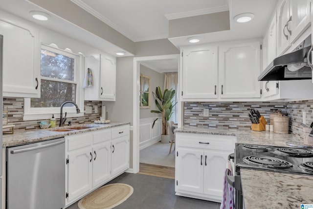 kitchen featuring range with electric cooktop, sink, white cabinets, stainless steel dishwasher, and crown molding