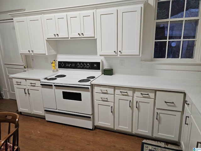 kitchen with white cabinetry, backsplash, dark hardwood / wood-style flooring, double oven range, and light stone counters