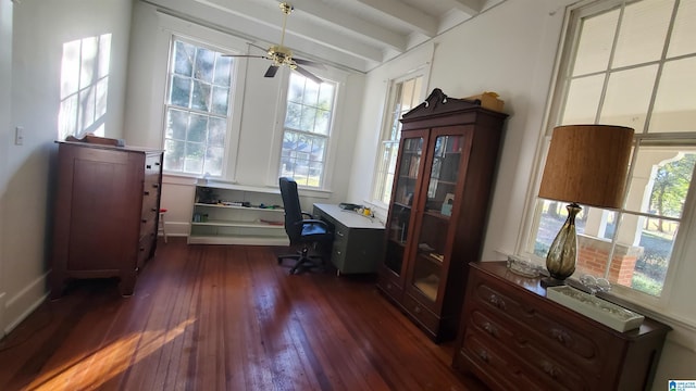 office with beam ceiling, ceiling fan, and dark hardwood / wood-style flooring