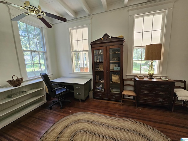 office space with dark wood-type flooring, lofted ceiling with beams, and ceiling fan