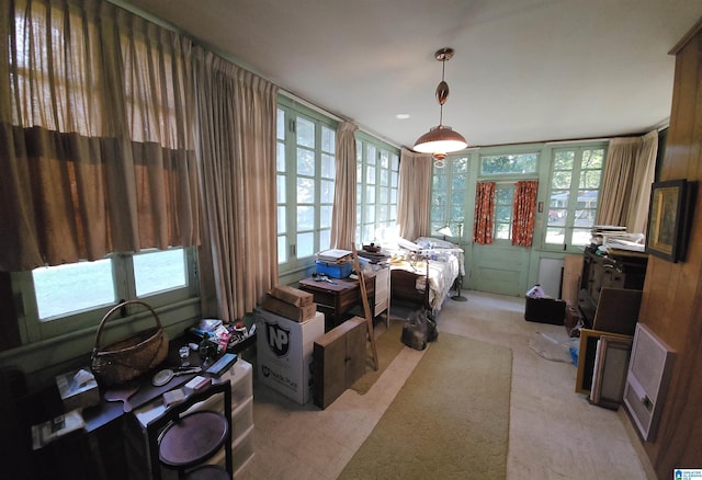 bedroom featuring light carpet and multiple windows