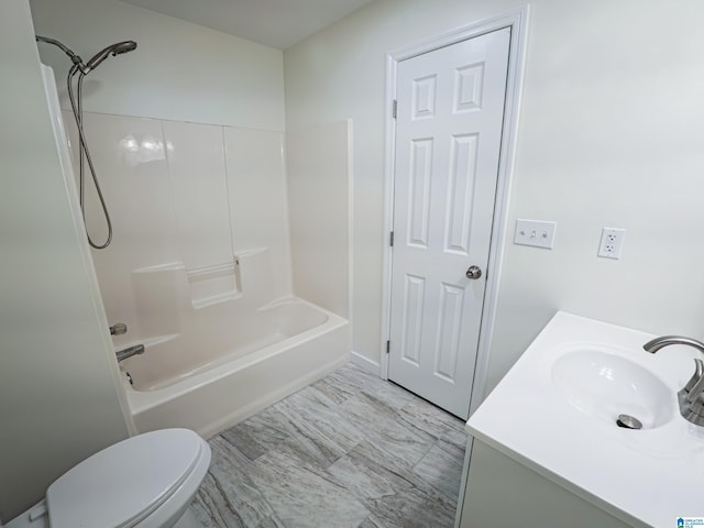 full bathroom with bathing tub / shower combination, vanity, and toilet