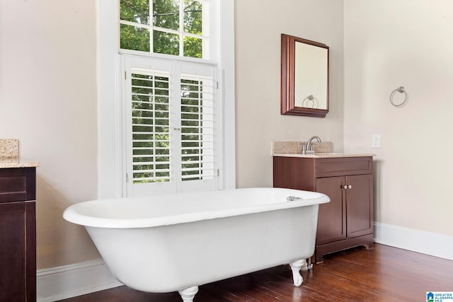 bathroom featuring a bathing tub, hardwood / wood-style floors, and vanity