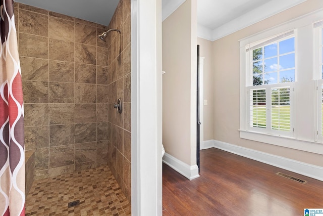 bathroom with hardwood / wood-style floors and a shower with shower curtain