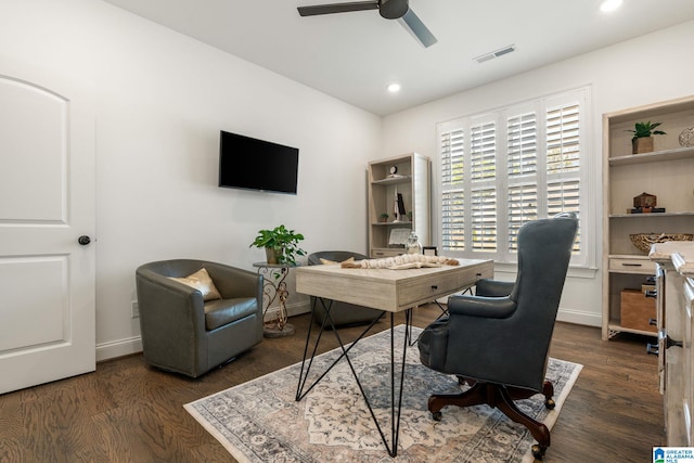 office space featuring dark wood-type flooring and ceiling fan