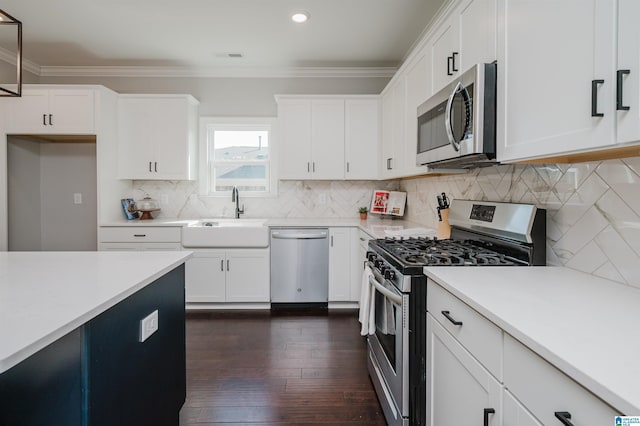 kitchen with sink, crown molding, stainless steel appliances, white cabinets, and dark hardwood / wood-style flooring