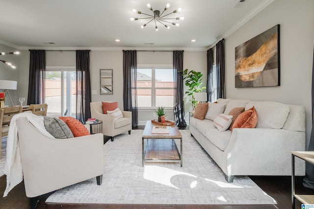 living room featuring ornamental molding and hardwood / wood-style floors