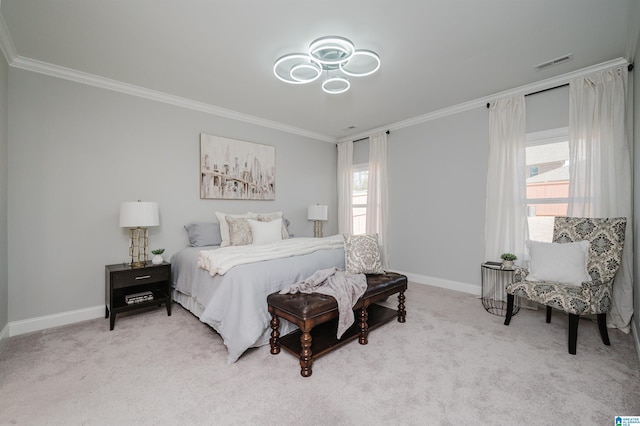 bedroom with multiple windows, crown molding, and carpet floors