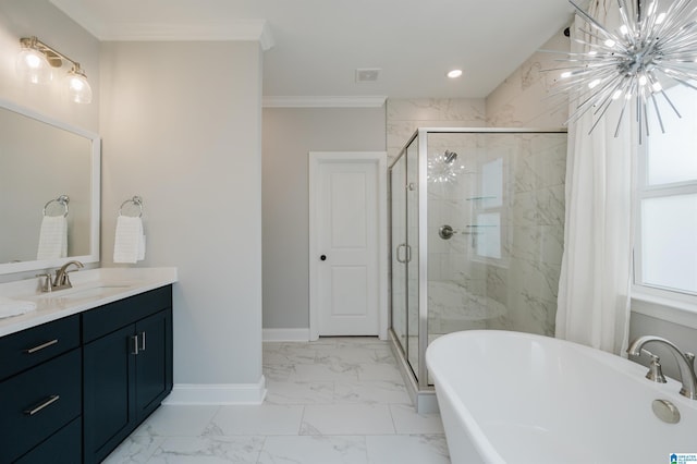 bathroom with independent shower and bath, crown molding, vanity, and a chandelier