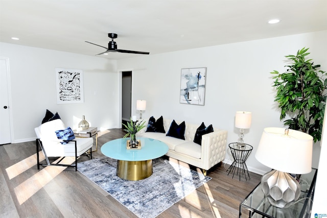 living room with ceiling fan and wood-type flooring