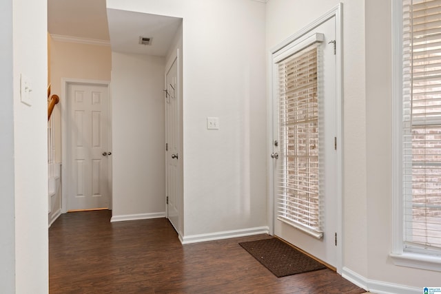 entrance foyer with ornamental molding, dark hardwood / wood-style floors, and a healthy amount of sunlight