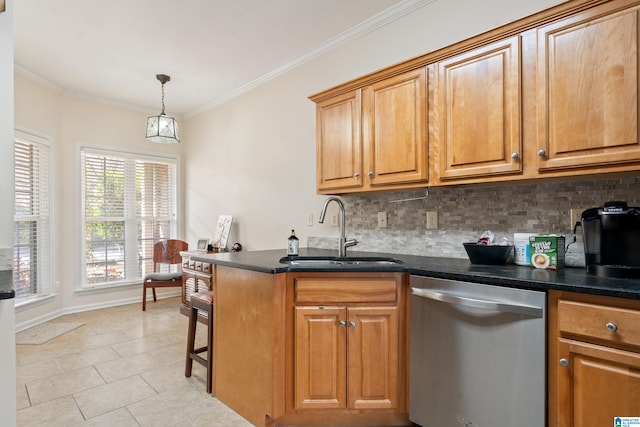 kitchen featuring light tile patterned flooring, sink, tasteful backsplash, crown molding, and stainless steel dishwasher