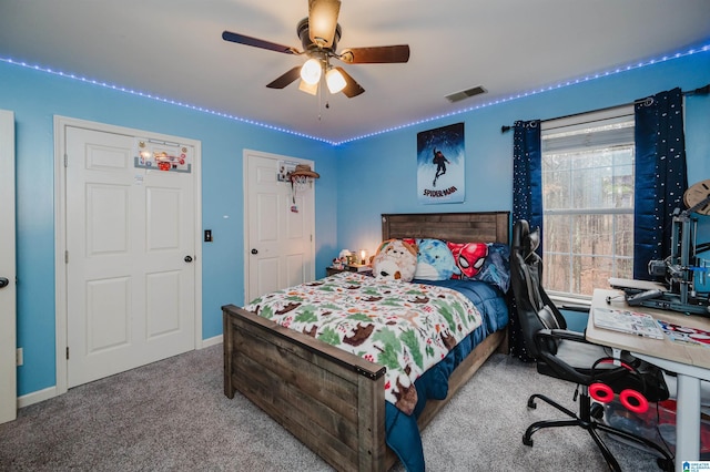 bedroom with carpet floors and ceiling fan