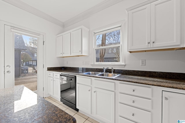 kitchen featuring light tile patterned flooring, white cabinetry, black dishwasher, sink, and ornamental molding