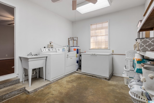 laundry area featuring cabinets, ceiling fan, washer and clothes dryer, and electric water heater