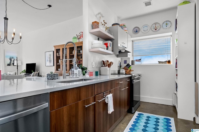 kitchen featuring sink, dishwashing machine, electric range, dark brown cabinetry, and an inviting chandelier