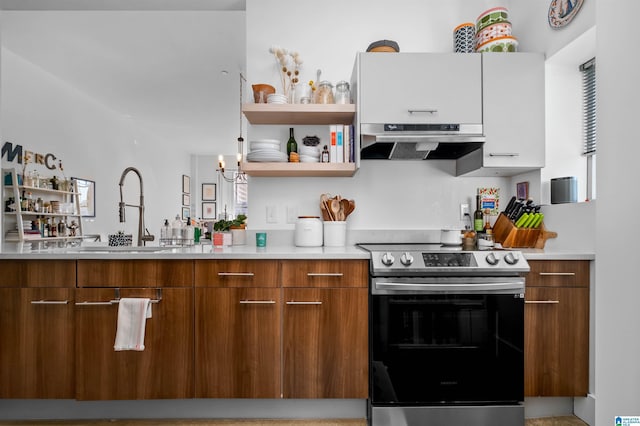 kitchen featuring white cabinetry, sink, and stainless steel range with electric cooktop