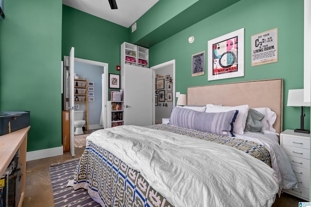 bedroom featuring concrete flooring and ceiling fan