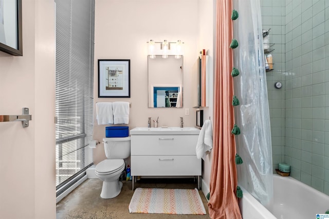 full bathroom featuring vanity, toilet, and shower / tub combo with curtain